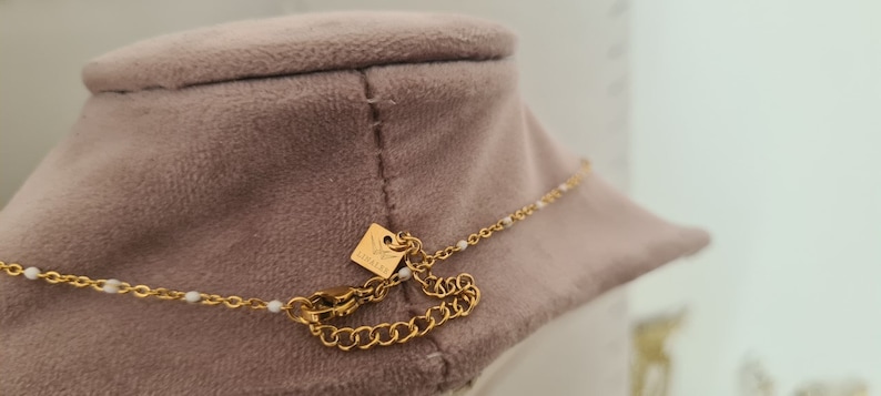 Peut inclure: Un collier en cha&icirc;ne dor&eacute;e avec une petite &eacute;tiquette carr&eacute;e indiquant "Stainless Steel". Le collier est sur un pr&eacute;sentoir en velours marron.