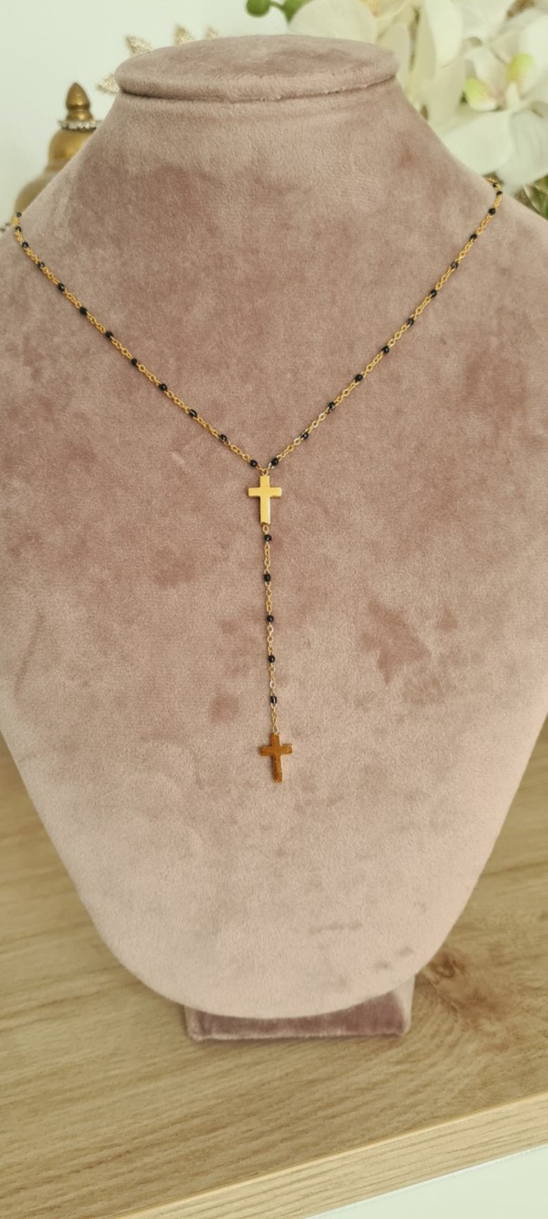 Necklace bracelet stainless steel Elegant double golden Christian cross Black image 5