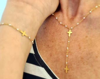 Collier chapelet acier inoxydable doré perles blanches + bracelet croix – Bijou religieux catholique – Cadeau communion baptême femme