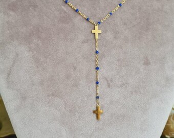 Collier acier inoxydable Élégante double croix chrétienne doré BLEU