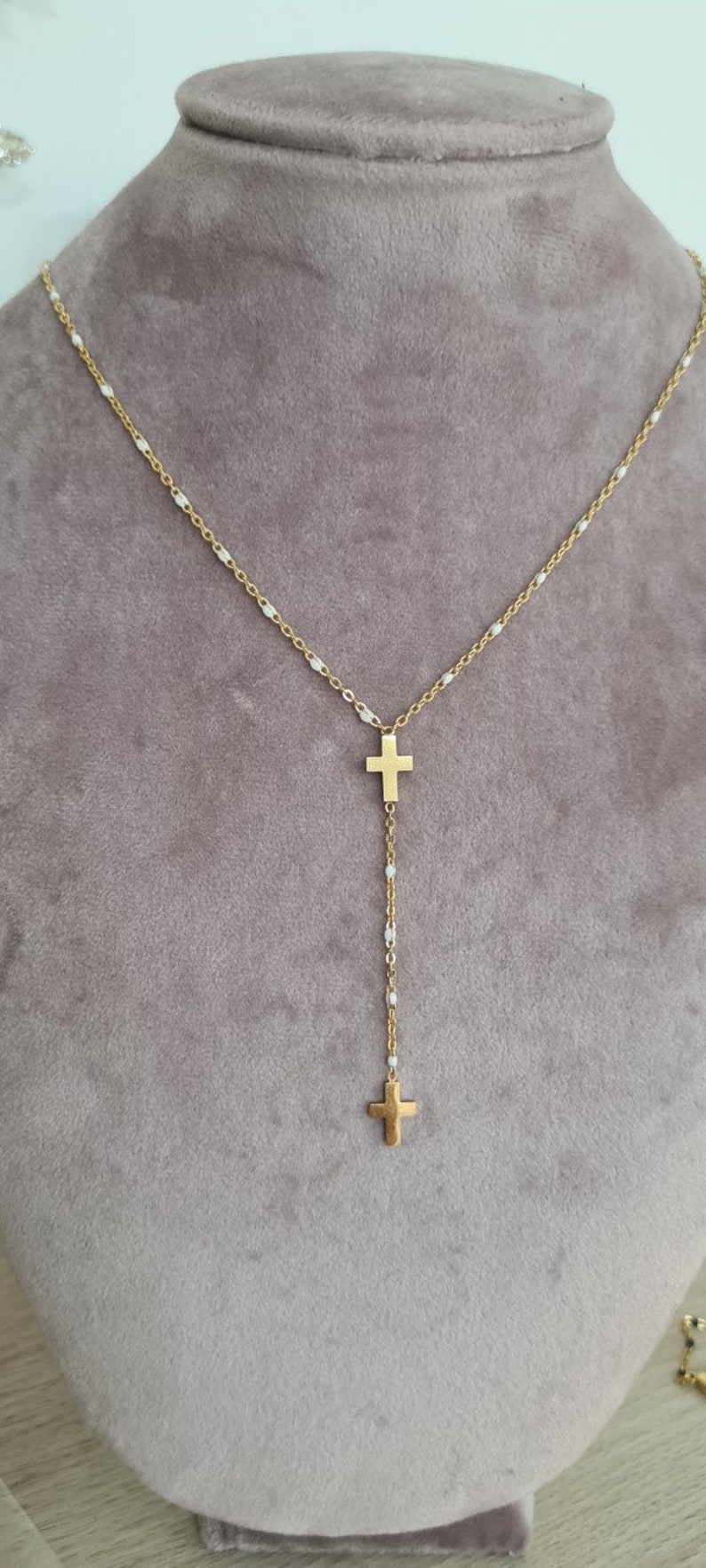 Collier acier inoxydable Élégante double croix chrétienne doré Blanc image 5