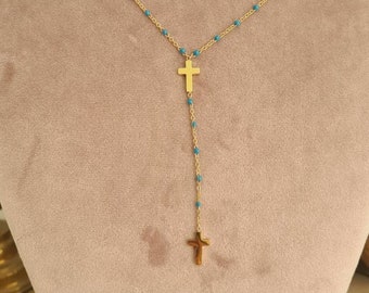 Stainless steel necklace Elegant double Christian cross gold sky blue