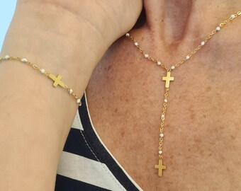 Collier + bracelet acier inoxydable Élégante double croix chrétienne doré