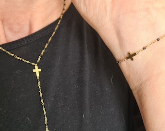 Collier + bracelet acier inoxydable Élégante double croix chrétienne dorée Noir
