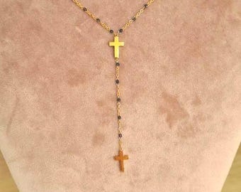 Collier double croix chrétienne en acier inoxydable doré – Chapelet noir élégant – Bijou religieux femme homme – Cadeau foi noir