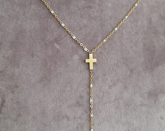 Collier acier inoxydable Élégante double croix chrétienne doré Blanc