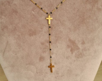 Collier acier inoxydable Élégante double croix chrétienne doré noir
