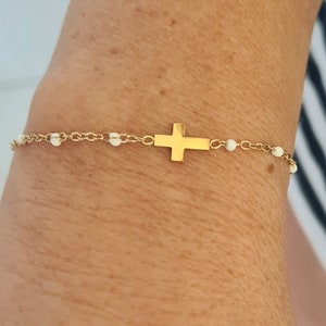 Collier bracelet acier inoxydable Élégante double croix chrétienne doré image 8