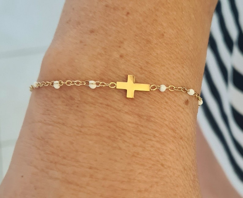 Collier bracelet acier inoxydable Élégante double croix chrétienne doré image 8