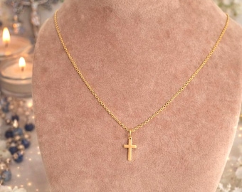 Collier croix chrétienne dorée en acier inoxydable 50 cm – bijou religieux pour homme et femme – pendentif croix