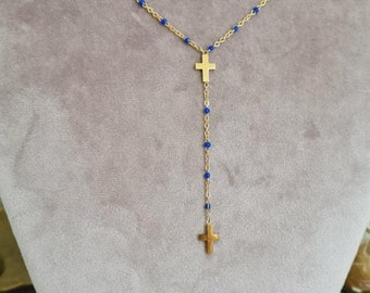 Stainless steel necklace Elegant double golden Christian cross BLUE