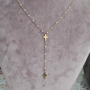 Collier acier inoxydable Élégante double croix chrétienne doré Blanc image 1