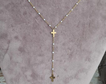 Collier acier inoxydable Élégante double croix chrétienne doré Blanc