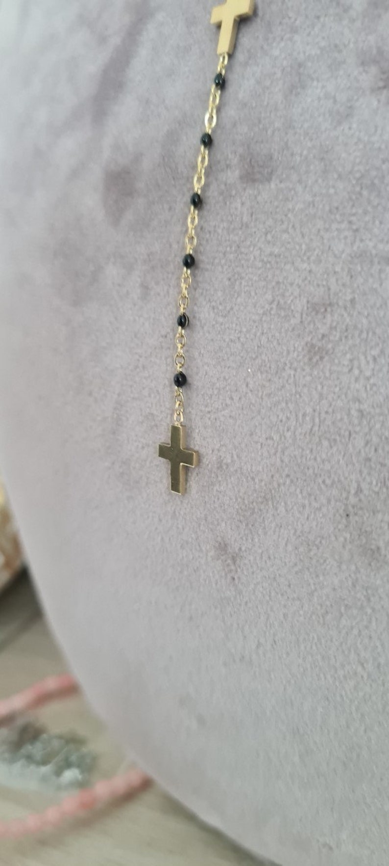 Necklace bracelet stainless steel Elegant double golden Christian cross Black image 2