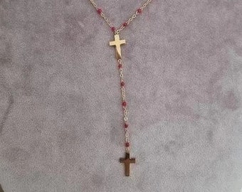 Stainless steel necklace Elegant double golden Christian cross RED