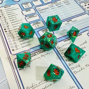 Green and glitter | Handmade resin dice set, sharp edge, Dungeons and Dragons, D&D, DnD, RPG, TTRPG, Pathfinder