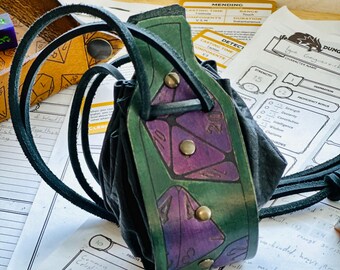 Borsa in pelle mista incisa - verde e viola | Custodia per dadi | Accessorio per giochi di ruolo in pelle | DnD, Pathfinder, 5e, Dragon Dungeon