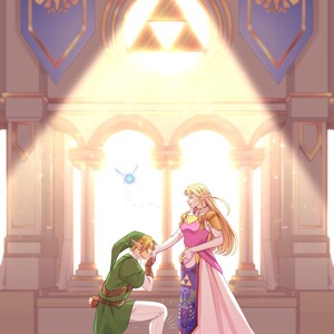 May include: Digital illustration depicting a scene from The Legend of Zelda. A character in green kneels before a character in pink and white. A blue fairy hovers nearby. The background features a golden Triforce symbol and architectural details.