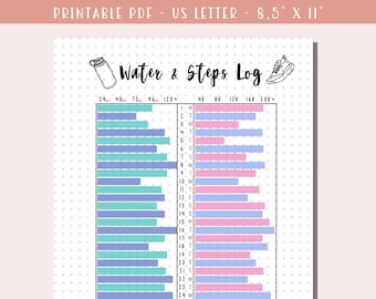 Daily Water and Steps Log Printable / Steps Tracker / Water Tracker / Fitness Planner / Health & Wellness Journal / Bullet Journal - Instant