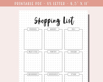 Grocery List Printable / Shopping List Template / Meal Planner / Food Planner / A5 Journal Insert / Bullet Journal - PDF Download