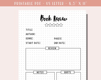 Book Review Printable / Reading Journal / Book Journal / Book Tracker / Reading Tracker / A5 Journal Inserts - Bullet Journal Page - Planner