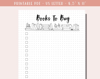 Może przedstawiać: Drukowana lista kontrolna z kropkowanym tłem i czarno-białą ilustracją regału z książkami i roślinami. Tekst "Books To Buy" jest napisany czarnym kursywą u góry strony.