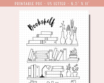 Może przedstawiać: Czarno-biały rysunek biblioteczki z czterema półkami wypełnionymi książkami, roślinami i lampą. Tekst "Bookshelf" jest napisany nad górną półką.
