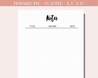 Book Notes Printable / Reading Journal / Book Journal / Book Tracker / Reading Tracker / A5 Journal Inserts - Bullet Journal Page - Planner
