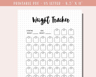 Weekly Weight Tracker Printable / 52 Week Weight Tracker / Goal Tracker / Pounds Lost Challenge / Bullet Journal Page / A5 Journal Inserts