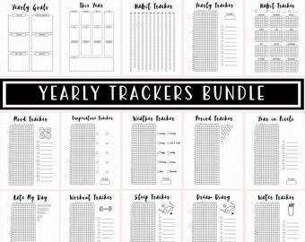 Peut inclure: Un ensemble de 12 trackers annuels imprimables en noir et blanc pour le bullet journaling. Les trackers incluent l'humeur, la température, la météo, les règles, l'année en pixels, l'évaluation de la journée, l'entraînement, le sommeil, le journal des rêves et l'eau.