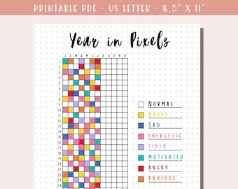 Printable Year in Pixels Tracker with Key/ Mood Tracker / Bullet Journal Yearly Tracker / A Year in Pixel Grid / Printable Planner Page