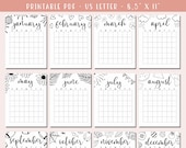 Undated Printable Calendar Template / A5 Planner Inserts  / 2025 Bullet Journal Pages / Digital Planner / Monday and Sunday Start Versions