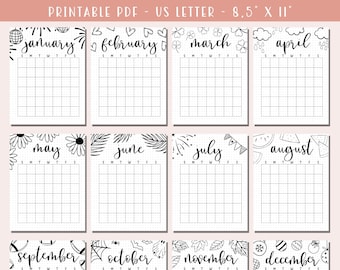 Undated Printable Calendar Template / A5 Planner Inserts  / 2025 Bullet Journal Pages / Digital Planner / Monday and Sunday Start Versions