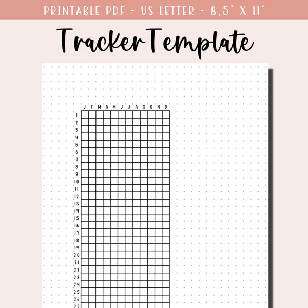 Nieuwe afdrukbare jaarlijkse trackersjabloon / Bullet Journal-pagina / leeg jaar in pixelraster / afdrukbare A5-dagboekinvoeging