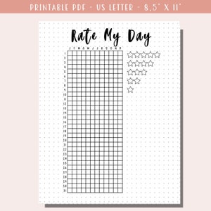 Puede incluir: Página de planificador imprimible en blanco y negro con una cuadrícula y una sección para calificar tu día con estrellas. La página se titula "Rate My Day" e incluye los meses del año.