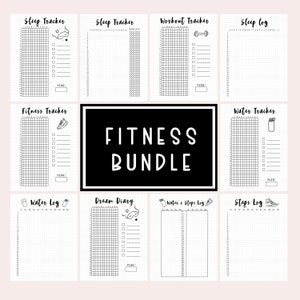 Puede incluir: Un paquete de rastreadores de fitness imprimibles con ilustraciones en blanco y negro. El paquete incluye rastreadores para el sueño, los entrenamientos, la ingesta de agua, los pasos y la condición física. Los rastreadores están diseñados para ser utilizados en un bullet journal.