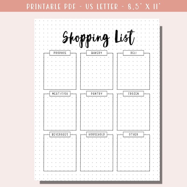 Grocery List Printable / Shopping List Template / Meal Planner / Food Planner / A5 Journal Insert / Bullet Journal - PDF Download