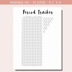 May include: A printable period tracker with a grid for each month of the year. The grid is labeled with the months January through December. There are raindrop icons on the right side of the page.