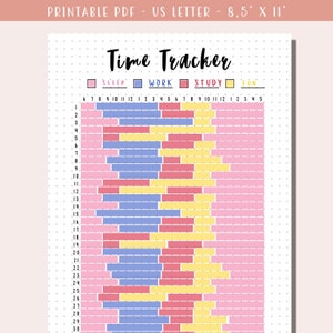May include: A printable time tracker with a grid of 30 rows and 16 columns. Each row represents an hour of the day, from 1 to 30. Each column represents a 15-minute increment, from 6 AM to 5 PM. The grid is color-coded to represent different activities: sleep (pink), work (blue), study (red), and fun (yellow).