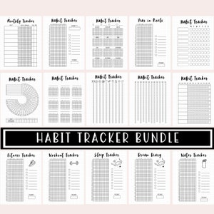 Puede incluir: Un paquete de seguimiento de hábitos imprimible con 10 rastreadores diferentes, que incluyen rastreadores mensuales, diarios, semanales y anuales. Los rastreadores están diseñados para ayudarte a realizar un seguimiento de tu progreso hacia tus objetivos. Los rastreadores son en blanco y negro y tienen un diseño minimalista.