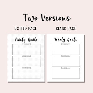 May include: Two versions of a printable yearly goals planner, one with dotted lines and one with blank space. The planner is divided into three sections: personal, professional, and other.