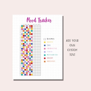 May include: A printable mood tracker with a grid for each day of the month. The grid is color-coded with different colors representing different moods, such as happy, sad, tired, motivated, angry, and anxious. The text "ADD YOUR OWN CUSTOM TEXT" is on the right side of the page.