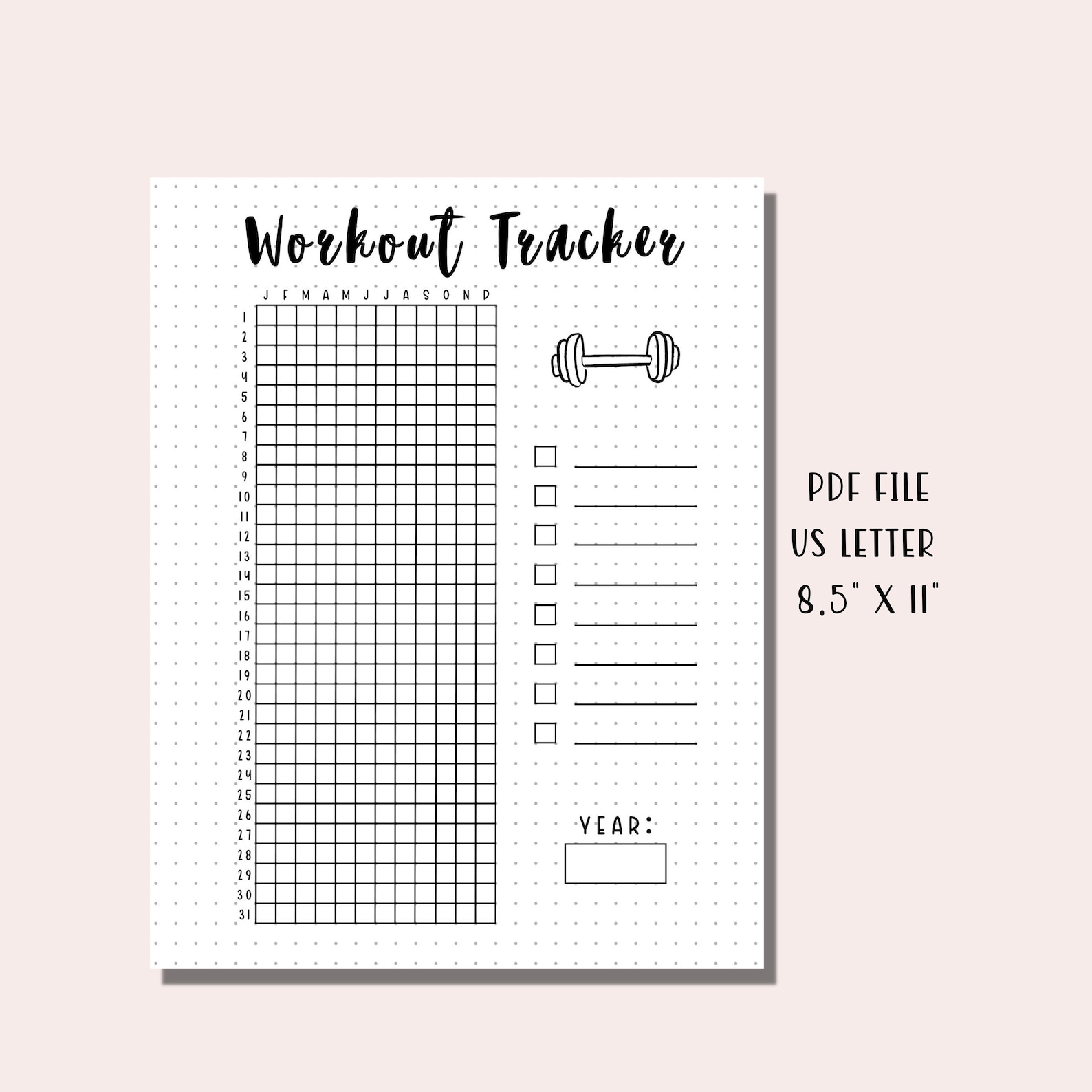 Workout Tracker Printable / Bullet Journal Fitness Tracker / Daily