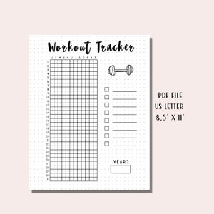 May include: Black and white printable workout tracker with a grid for each month of the year, a dumbbell icon, and a space to write the year. The text "PDF FILE US LETTER 8.5" x 11" is in the bottom right corner.