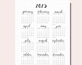 Dated 2025 Calendar Printable Planner 2025 / Dotted Bullet Journal Page / Monday & Sunday Start / A5 Journal Insert / Minimalist / Download