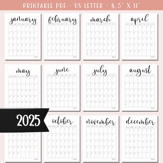 2025 Printable Calendar Template / Monday and Sunday Start Versions / Minimalist /  12 Month Calendar A5 Journal Pages / 2025 Planner Insert