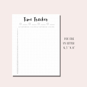 May include: A printable time tracker planner with a dotted grid and a header that says "Time Tracker". The planner is designed for a US Letter size paper, which is 8.5 inches by 11 inches.