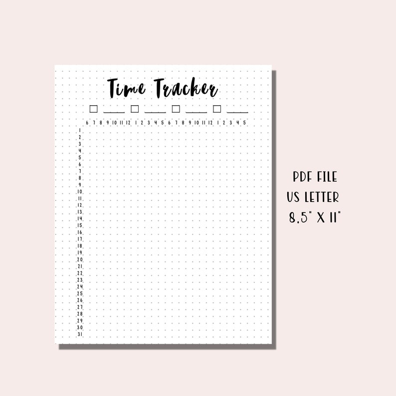 May include: A printable time tracker planner with a dotted grid and a header that says "Time Tracker". The planner is designed for a US Letter size paper, which is 8.5 inches by 11 inches.