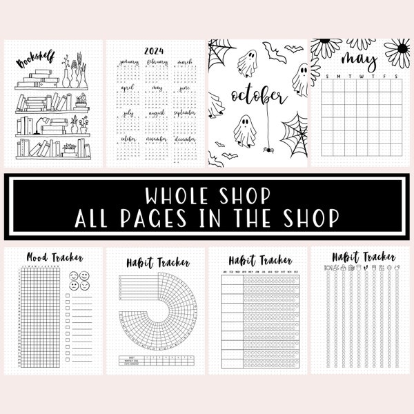 Whole Shop Bullet Journal Printable Pages / Bullet Journal Starter Kit / A5 Journal Inserts / 2024 Planner / Year in Pixel / Yearly Trackers