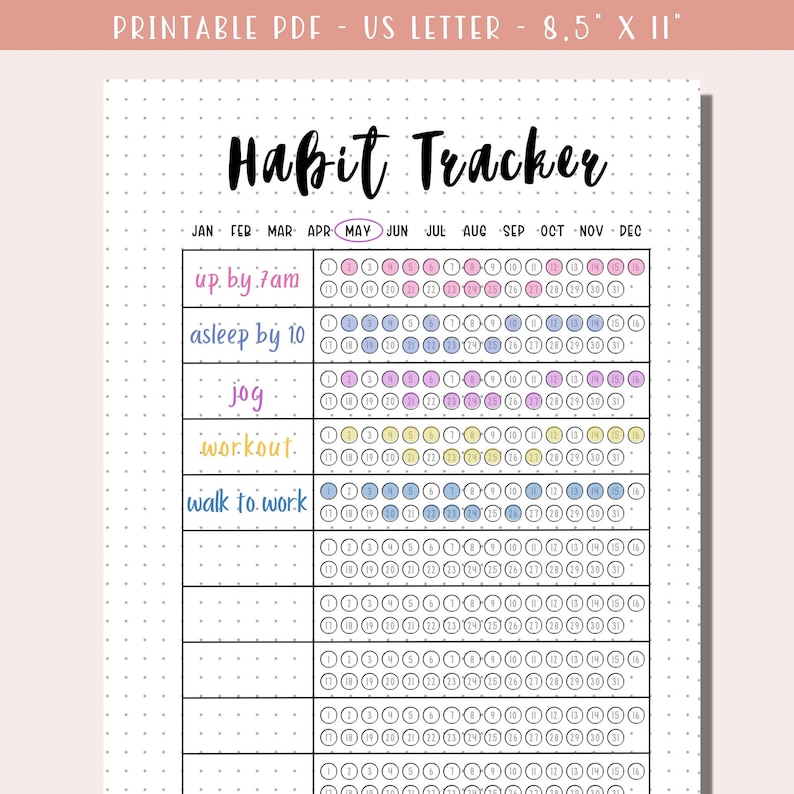 May include: A printable habit tracker with a black and white dotted background. The tracker has a title "Habit Tracker" and includes the months of the year from January to December. The tracker has five rows for habits: "up by 7 am", "asleep by 10", "jog", "workout", and "walk to work". Each row has a circle for each day of the month. The circles are colored in pink, blue, yellow, and gray.